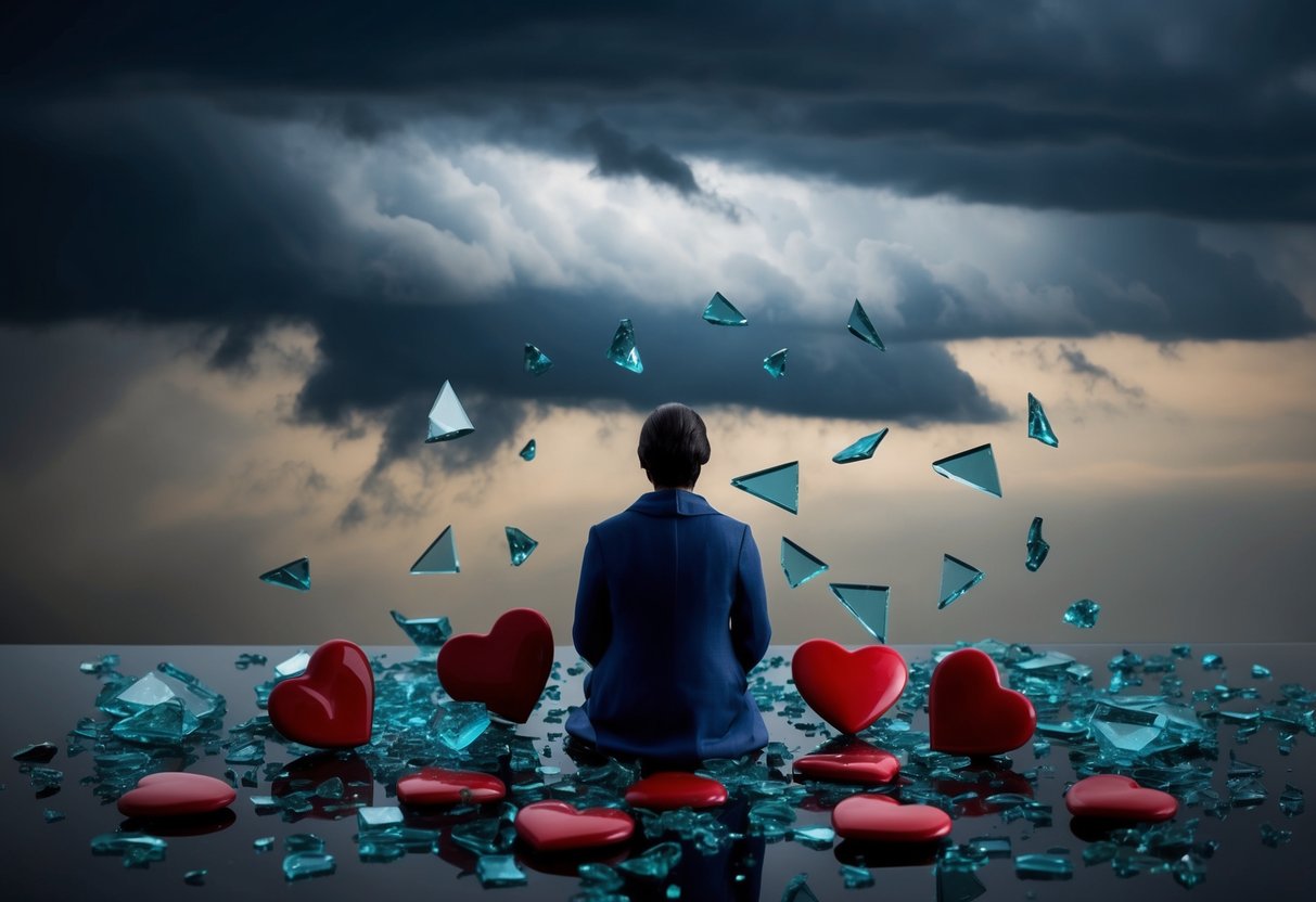 A figure sitting alone, surrounded by broken hearts and shattered glass, with a dark storm cloud overhead