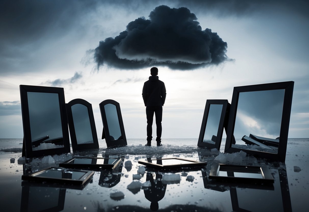 A person standing under a dark cloud while surrounded by broken mirrors and spilled salt