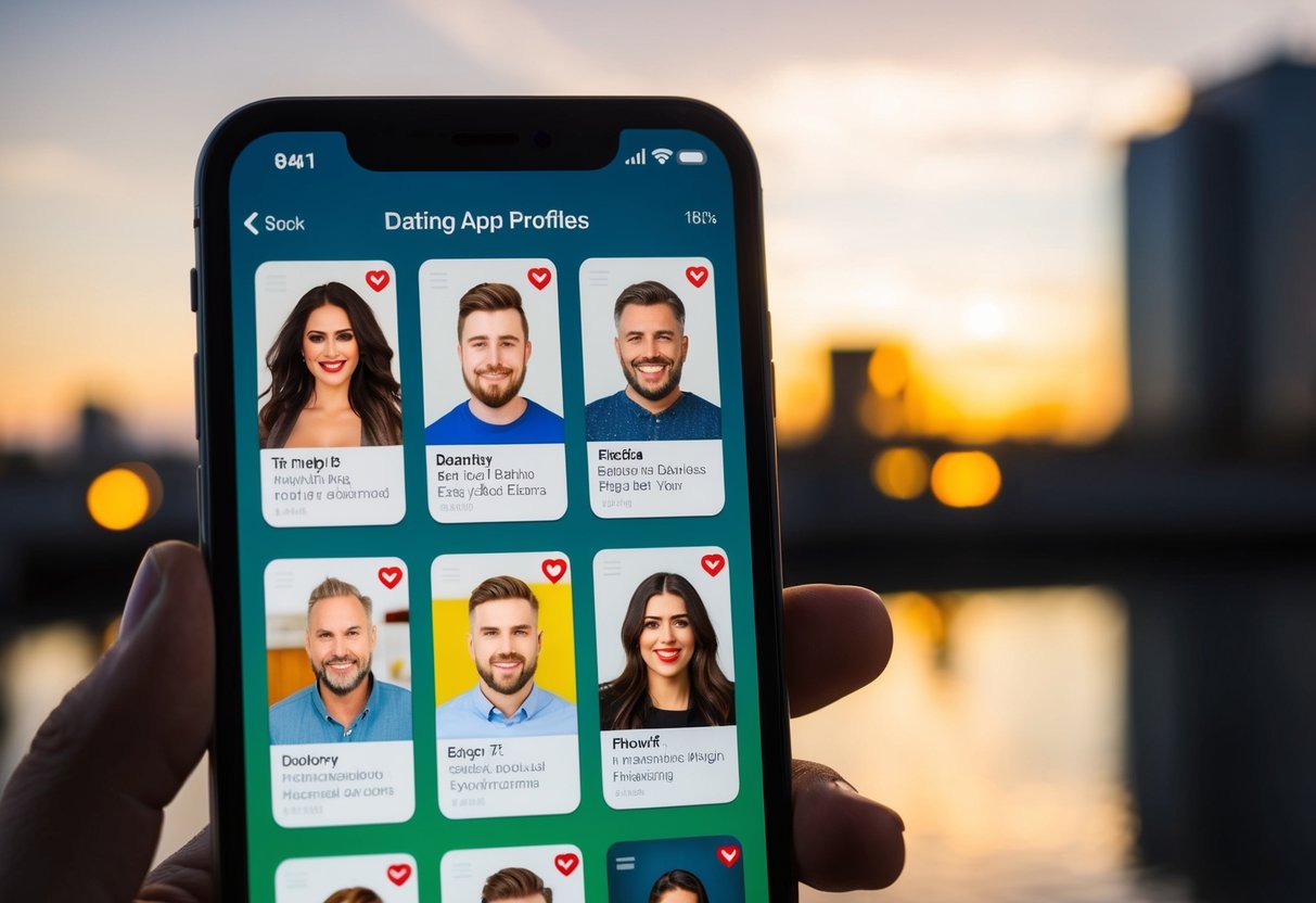 A phone screen displaying multiple dating app profiles with various red flags such as excessive selfies, vague bios, and aggressive language