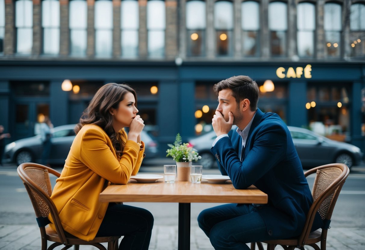 A couple sitting across from each other at a cafe, one looking uneasy while the other appears disinterested