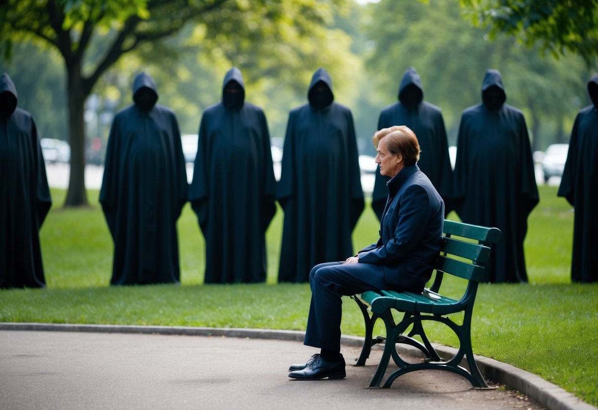 A person sitting alone on a park bench, surrounded by a group of ominous, shadowy figures