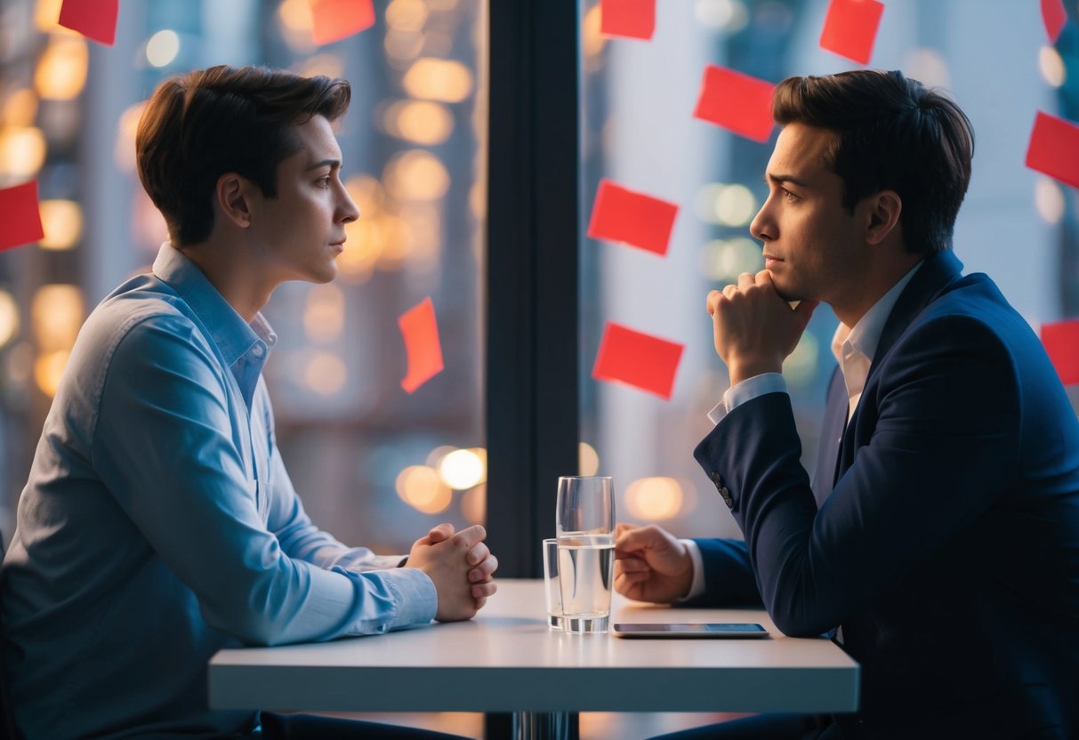 A person sitting across from their date, with a subtle look of concern on their face as they observe various red flags in the other person's behavior