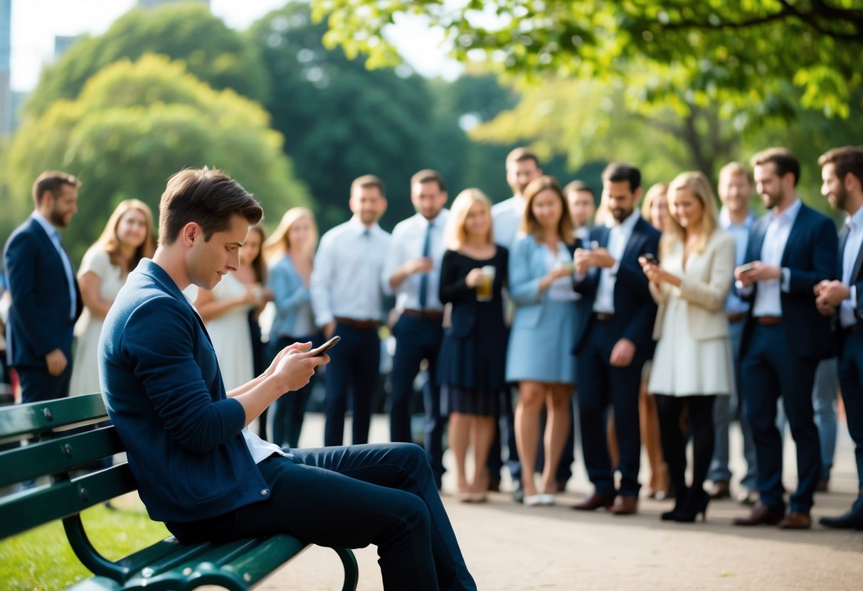 A person sitting alone on a park bench, nervously fidgeting with their phone, surrounded by a crowd of happy couples