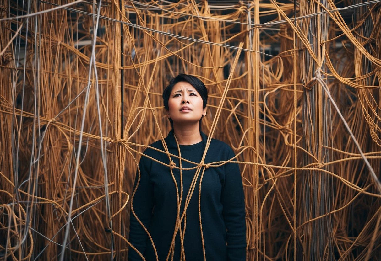 A person standing in a maze of tangled strings, looking confused and overwhelmed