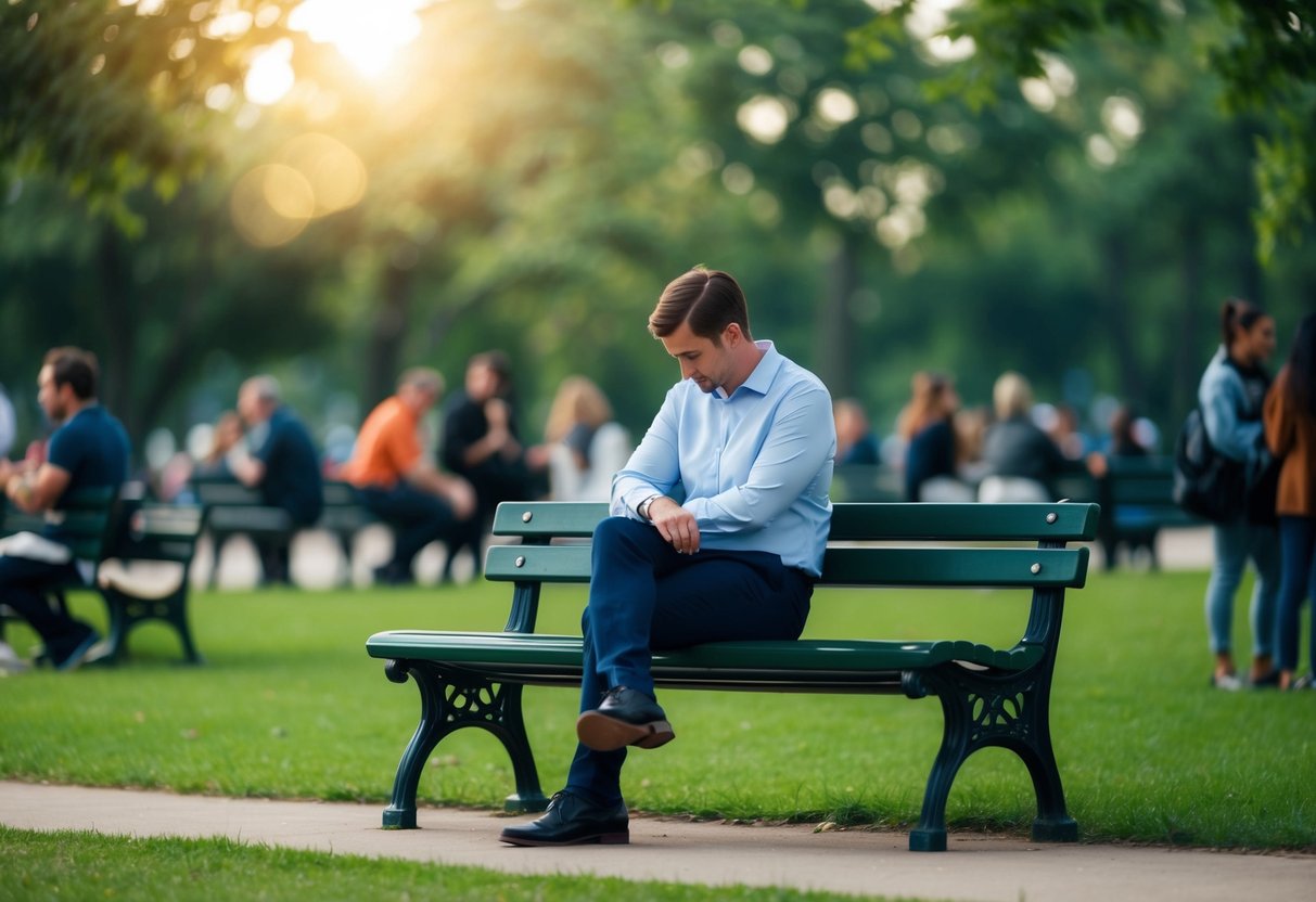 A person sitting alone on a park bench, surrounded by others but feeling isolated and disrespected