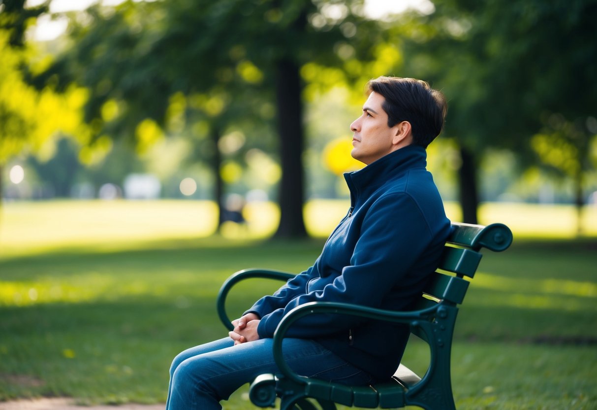 A person sitting alone on a park bench, looking forlorn as they gaze into the distance, surrounded by vibrant greenery