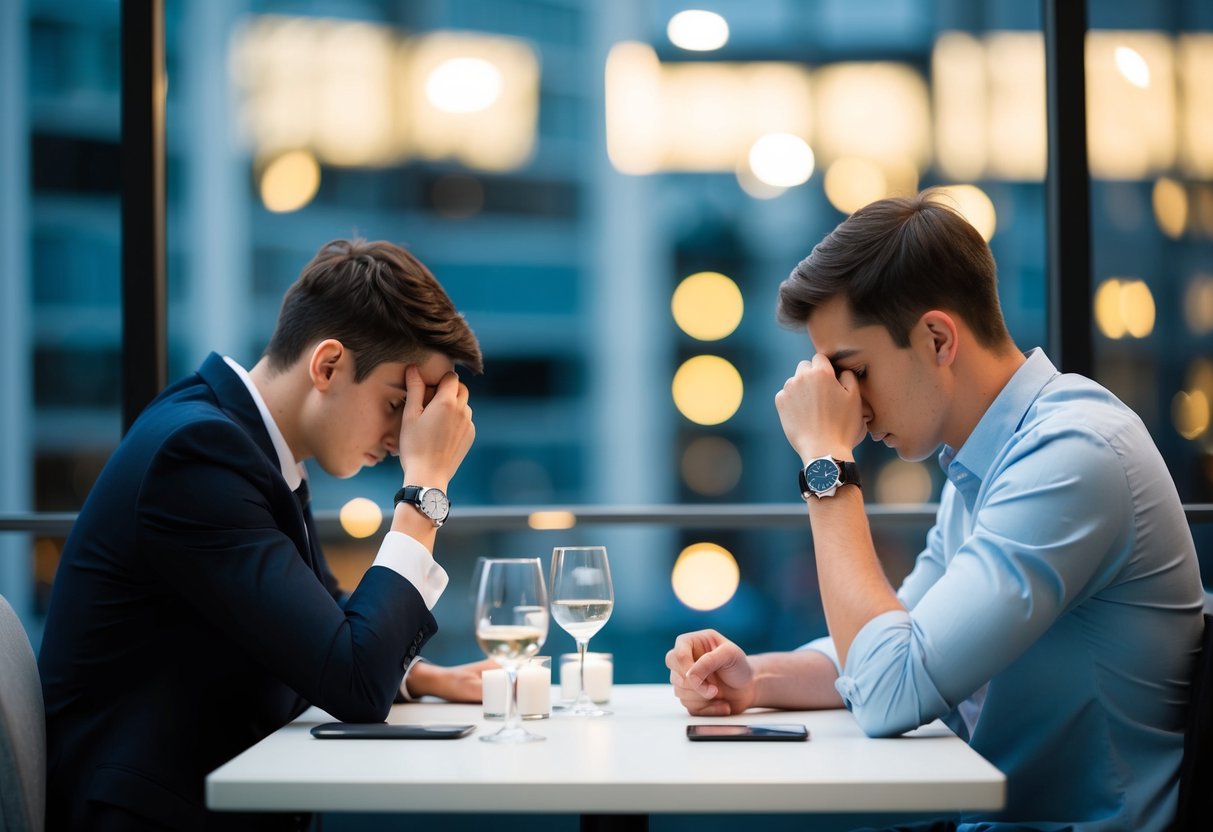 A person sitting across from their date, looking bored and checking their watch