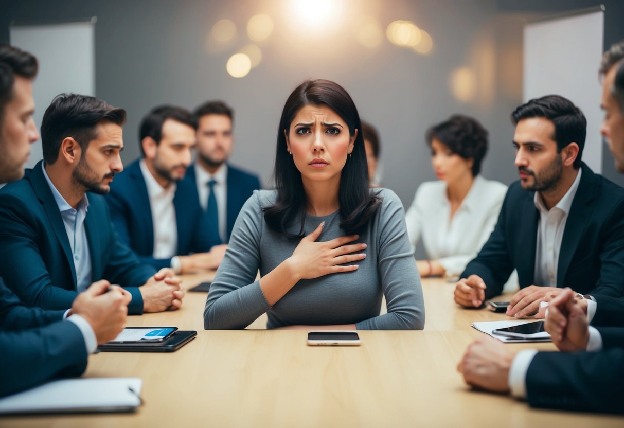 A woman sits at a table, surrounded by various potential partners. She looks uneasy, with a furrowed brow and a hand pressed to her chest