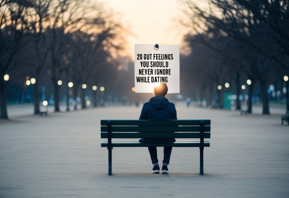 A person sitting alone on a park bench, surrounded by empty space, looking at a list of "20 Gut Feelings You Should Never Ignore While Dating."