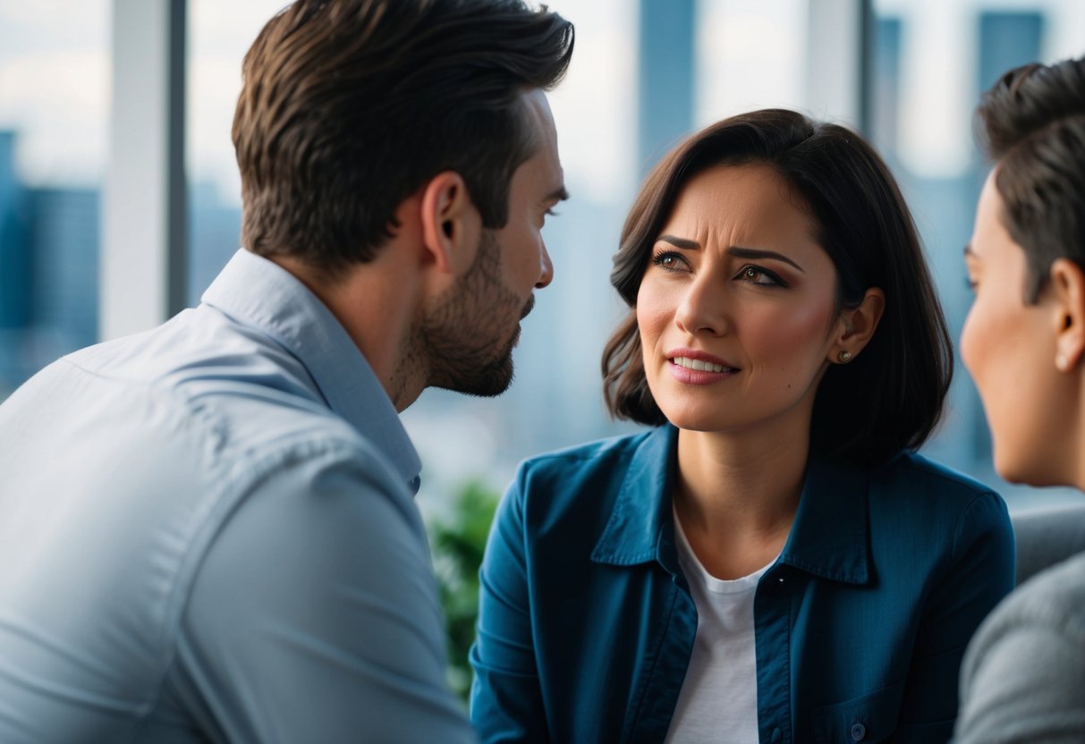 A person looking at their partner with a tense expression while their partner interacts with someone else