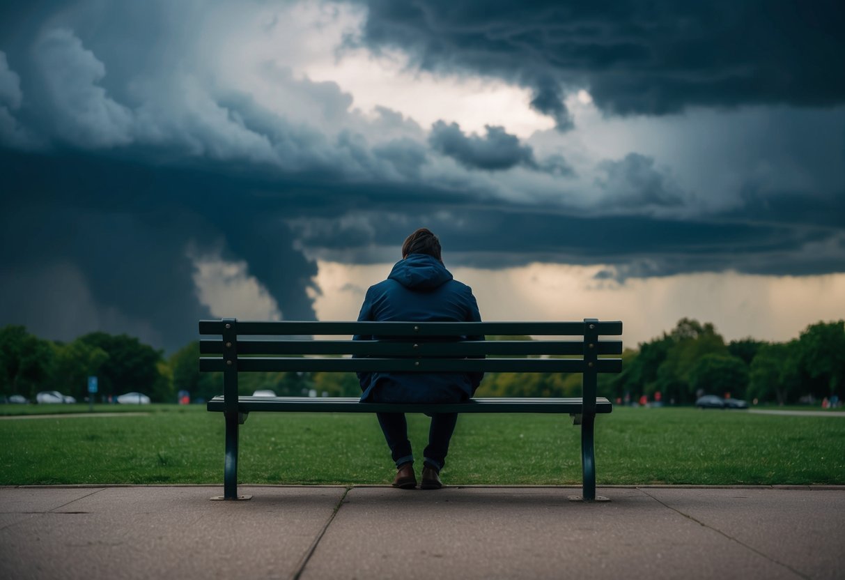 A person sitting alone on a park bench, surrounded by dark storm clouds and with a sense of unease in the air