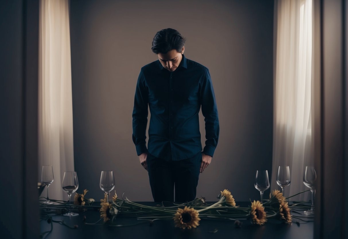 A person standing alone in a dimly lit room, looking down with a dejected expression, surrounded by wilted flowers and empty wine glasses