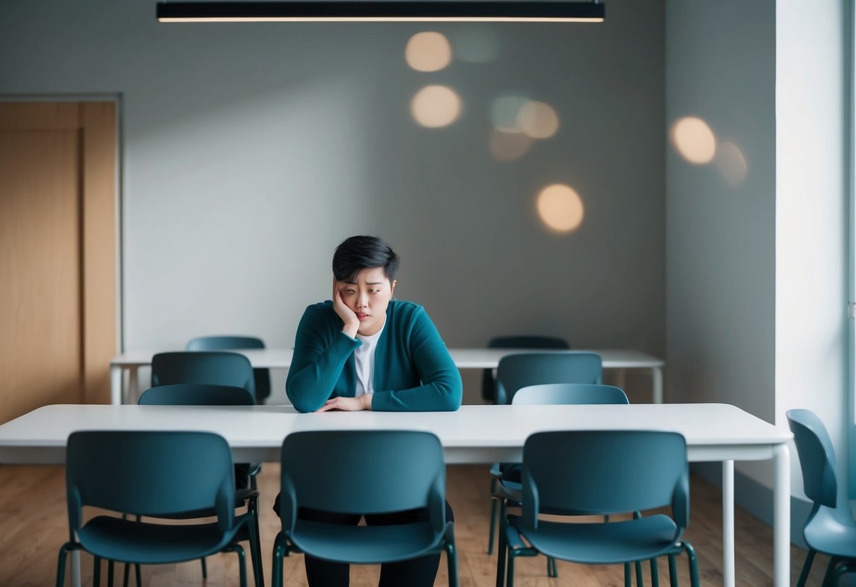 A person sitting alone at a table, surrounded by empty chairs, looking anxious and hesitant to engage in conversation with others