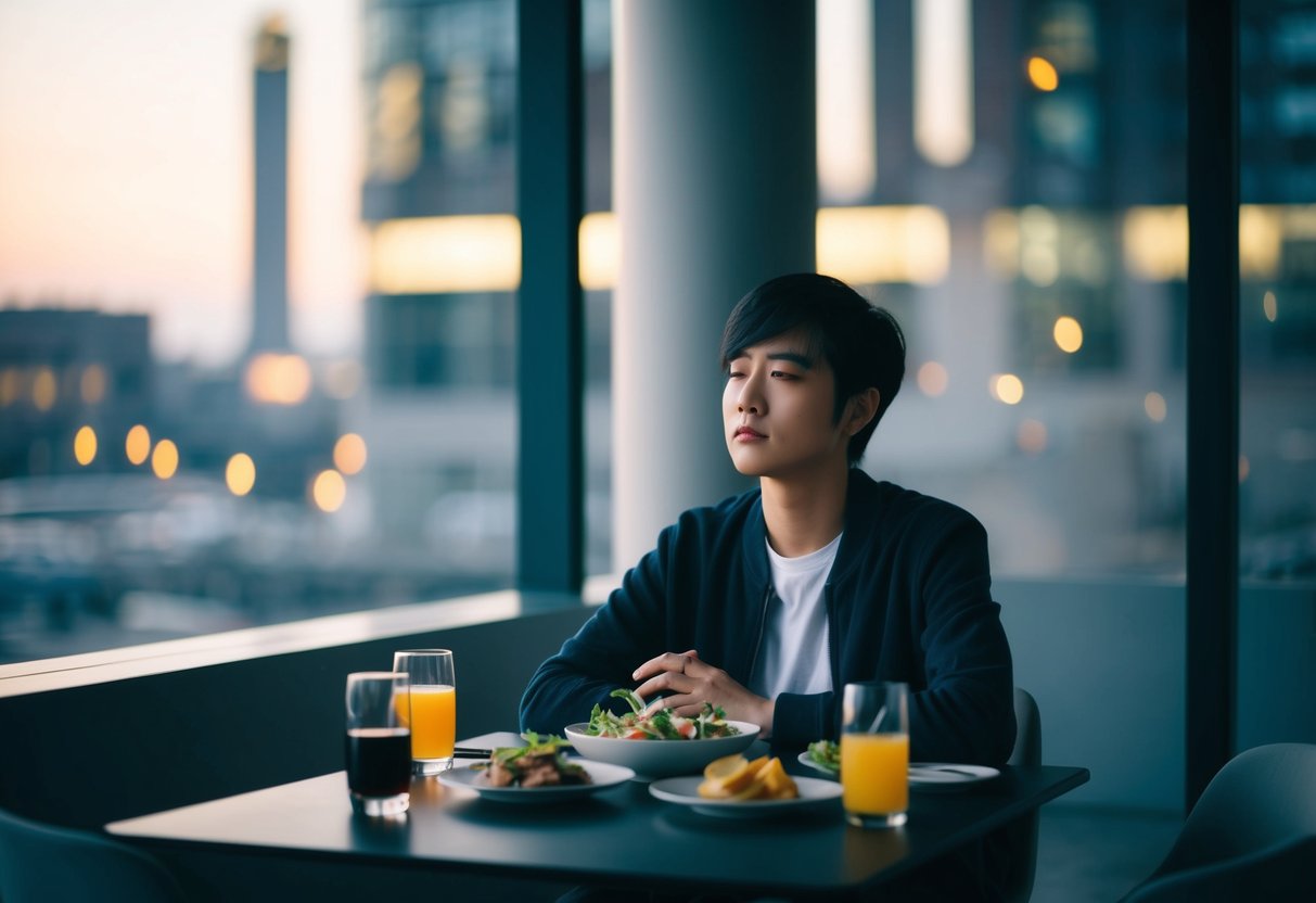 A person sitting alone at a table, surrounded by untouched food and drinks, looking disinterested and distant