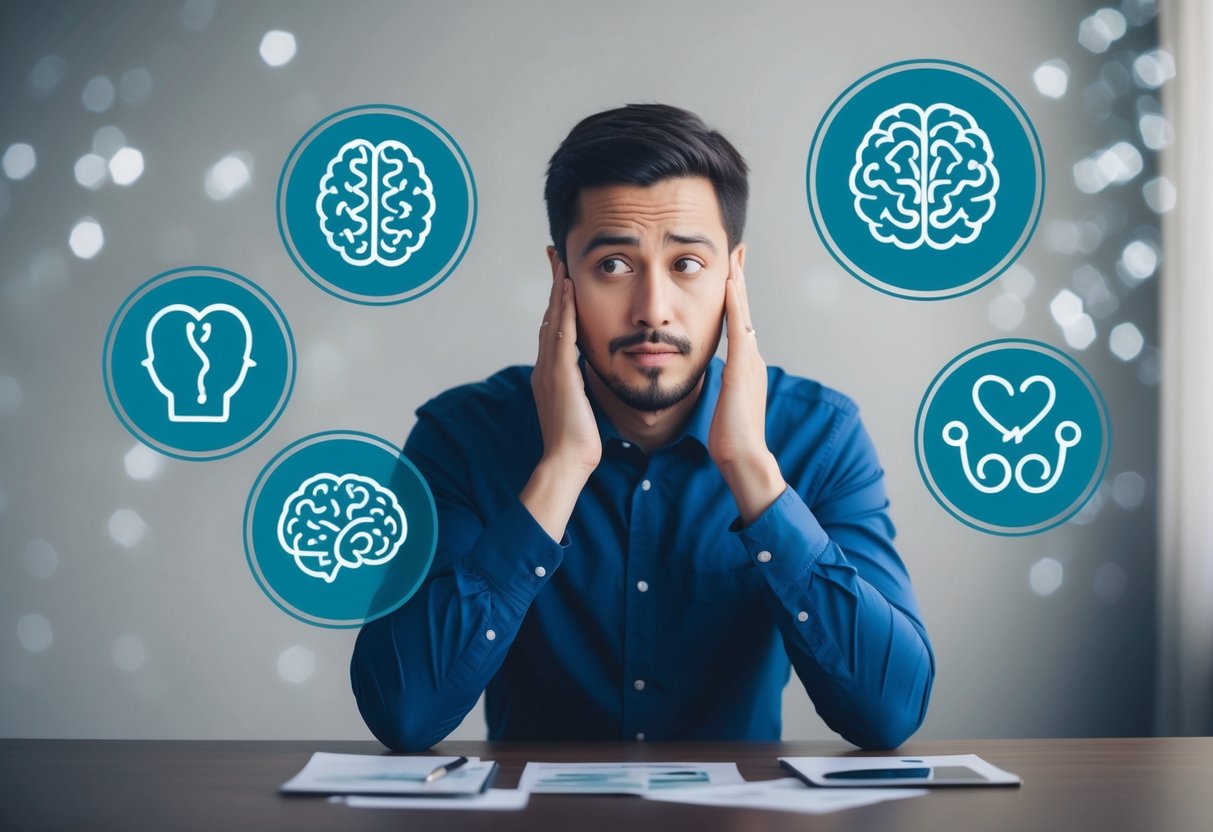 A person sitting at a table with a puzzled expression, surrounded by various symbols representing gut feelings (e.g. heart, brain, intuition)