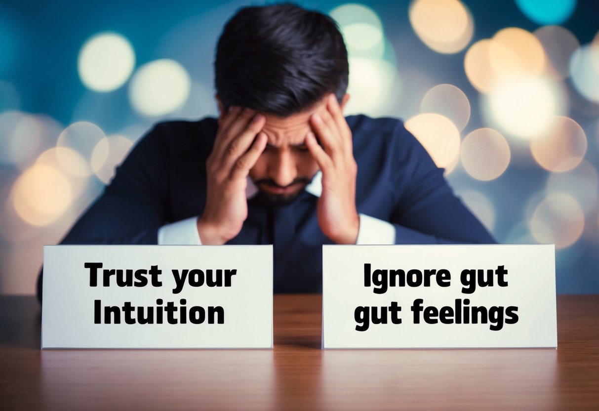 A person sitting at a table with two options, one labeled "Trust Your Intuition" and the other "Ignore Gut Feelings." The person is contemplating which path to take