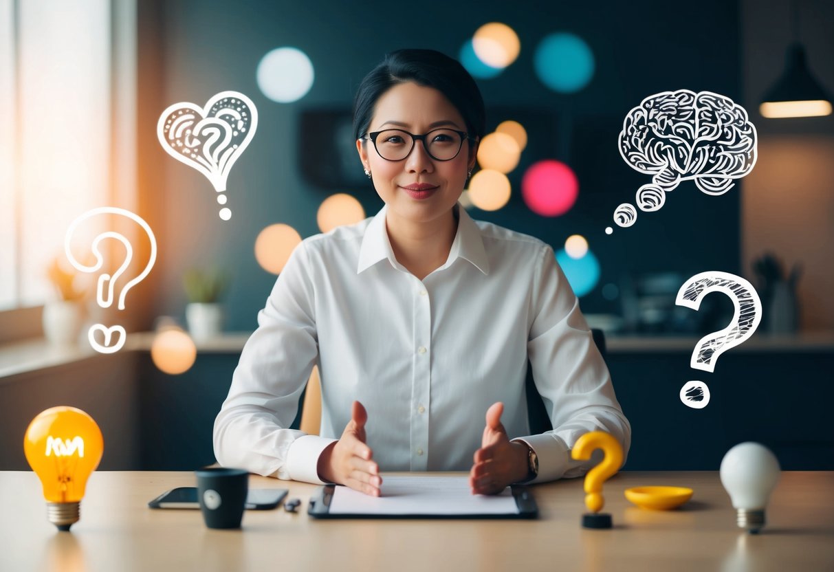 A person sitting at a table, surrounded by various objects and symbols representing different gut feelings, such as a heart, a question mark, and a light bulb