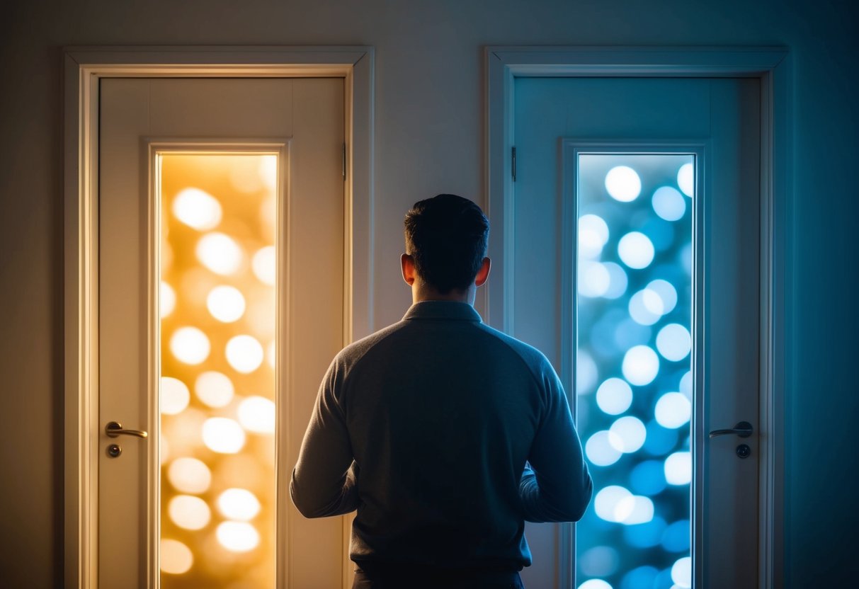 A person standing in front of two doors, one emitting warm light and the other cold. The person looks confused, trying to decide which door to open