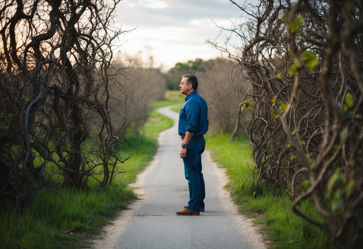 A man standing at a crossroads, one path clear and the other obscured by a maze of twisted vines and thorns