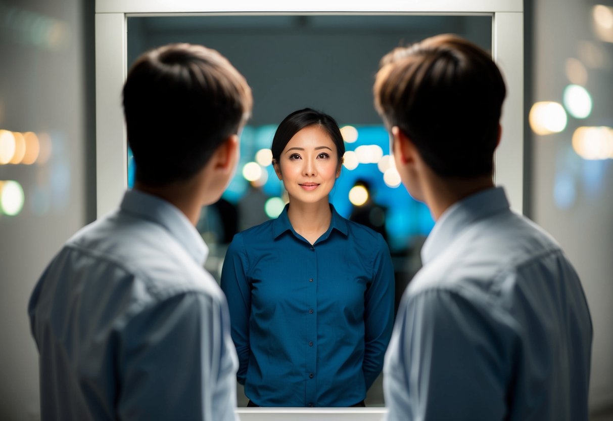 A person standing behind a two-way mirror, watching someone else's reactions without directly engaging