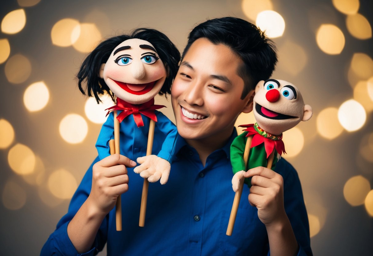 A person holding a puppet on each hand, with one puppet whispering in the other's ear while the first one smirks