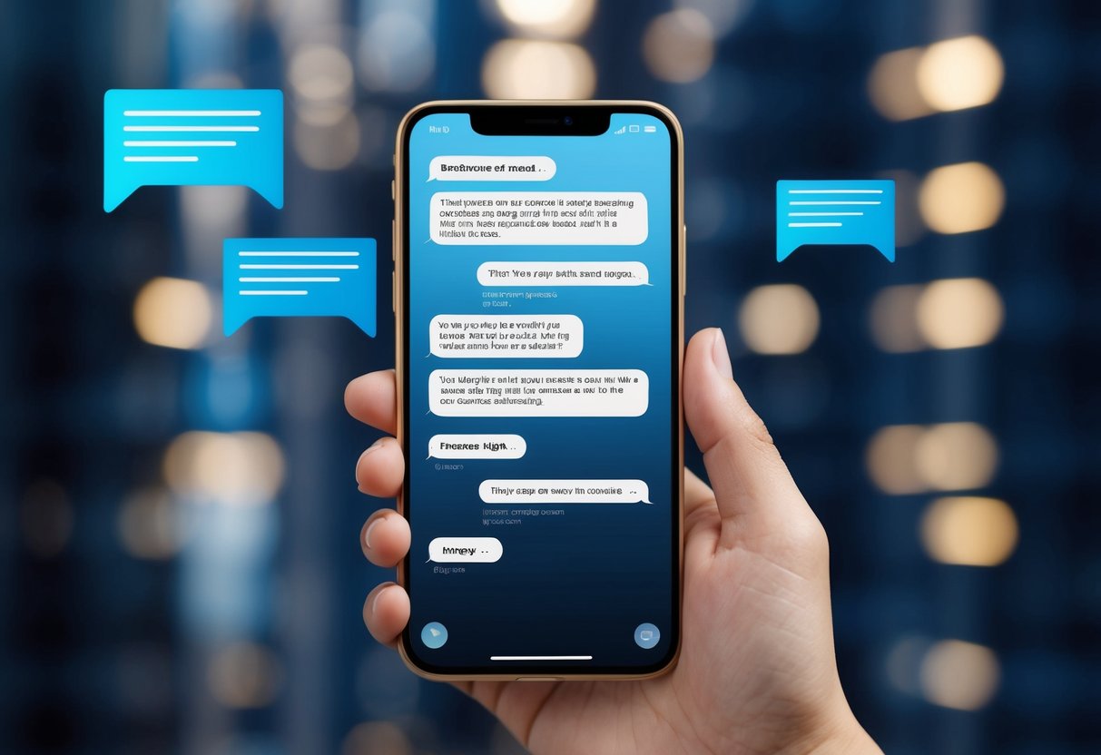 A phone screen displaying a series of text message bubbles with sporadic replies, indicating breadcrumbing and mind games