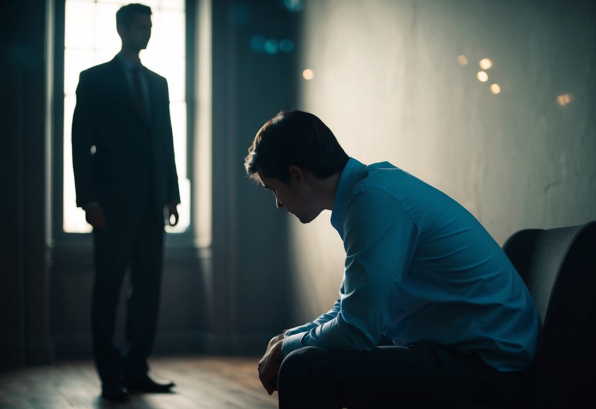 A person sitting alone in a dimly lit room, turning their back to an unseen figure, with a tense and cold atmosphere