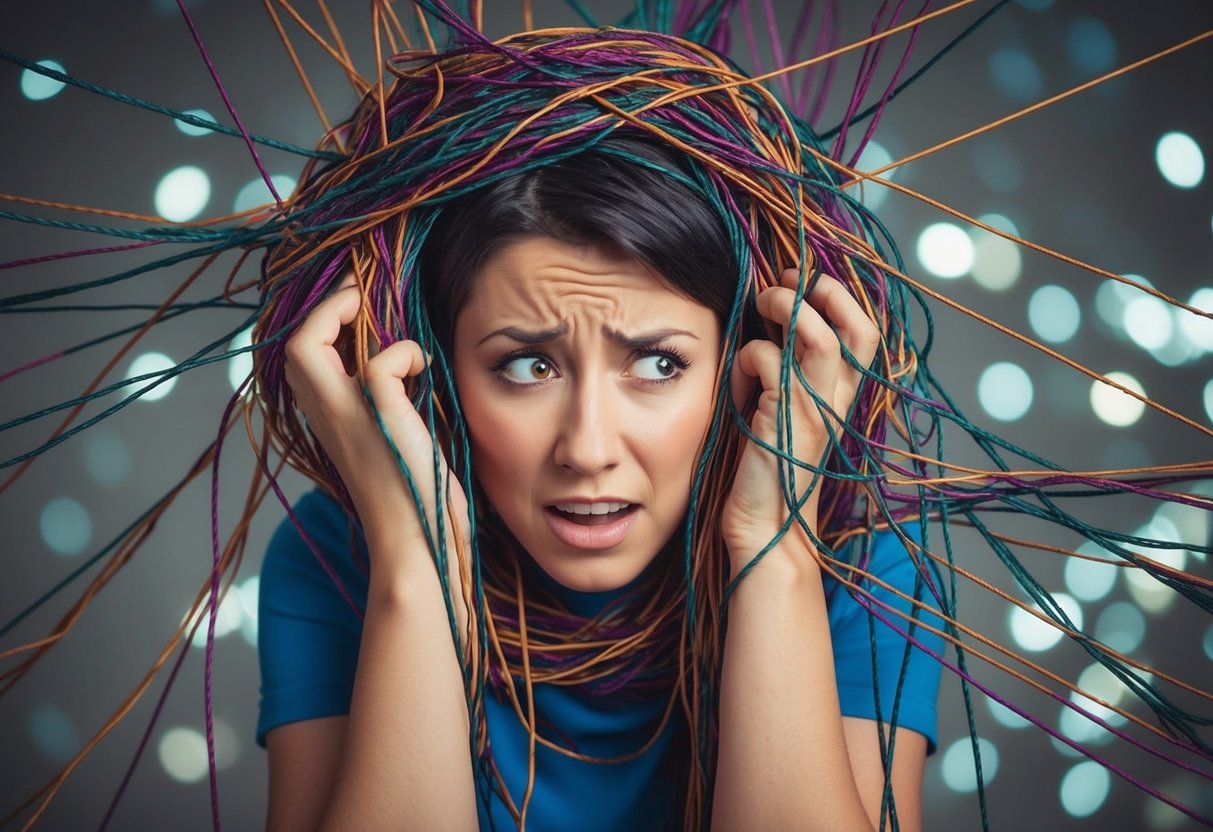 A person surrounded by tangled strings, looking confused and frustrated