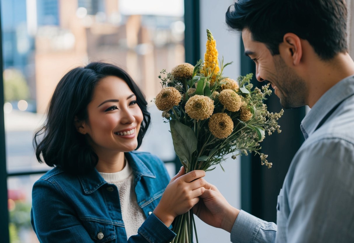 A person receiving a bouquet of wilted flowers with a smirk from another person