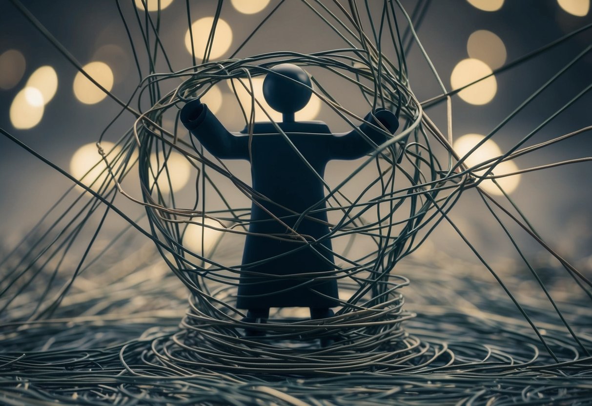 A figure surrounded by tangled strings, some broken, some still connected. Multiple paths leading in different directions