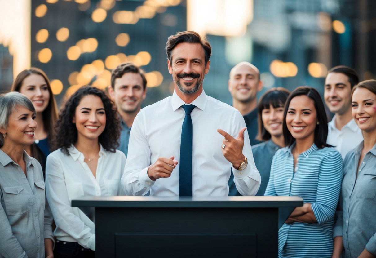 A man standing on a pedestal, surrounded by people with manipulated expressions, while he smirks and gestures confidently