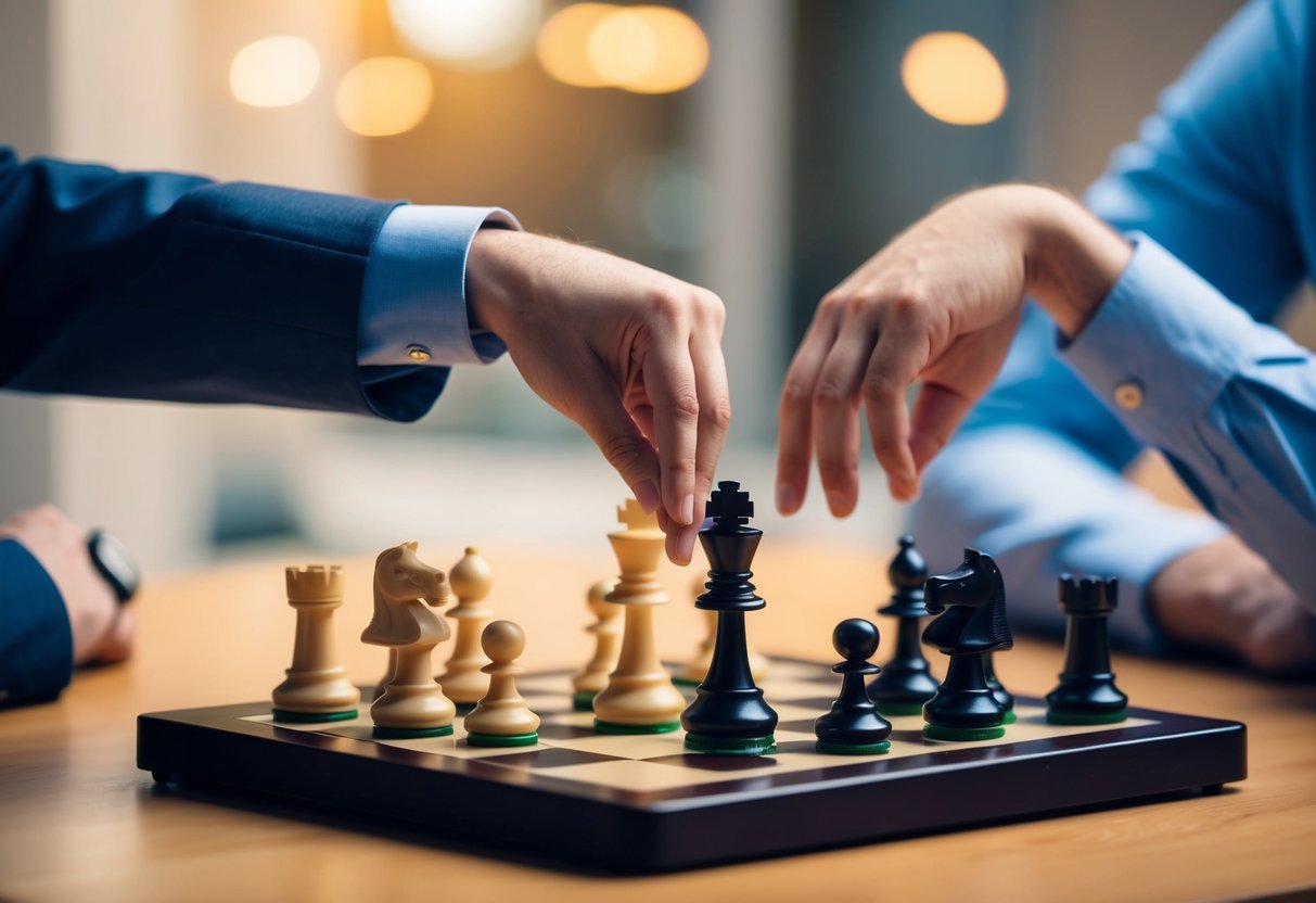 A chessboard with one player making strategic moves while the other watches, symbolizing the mental tactics of mind games