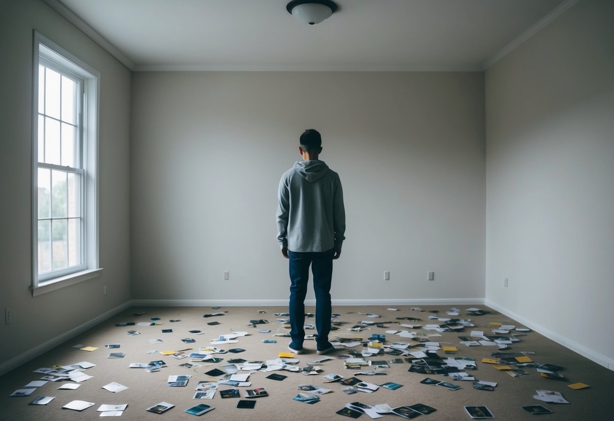 A person standing alone in an empty room, surrounded by scattered memories and reminders of their past relationship