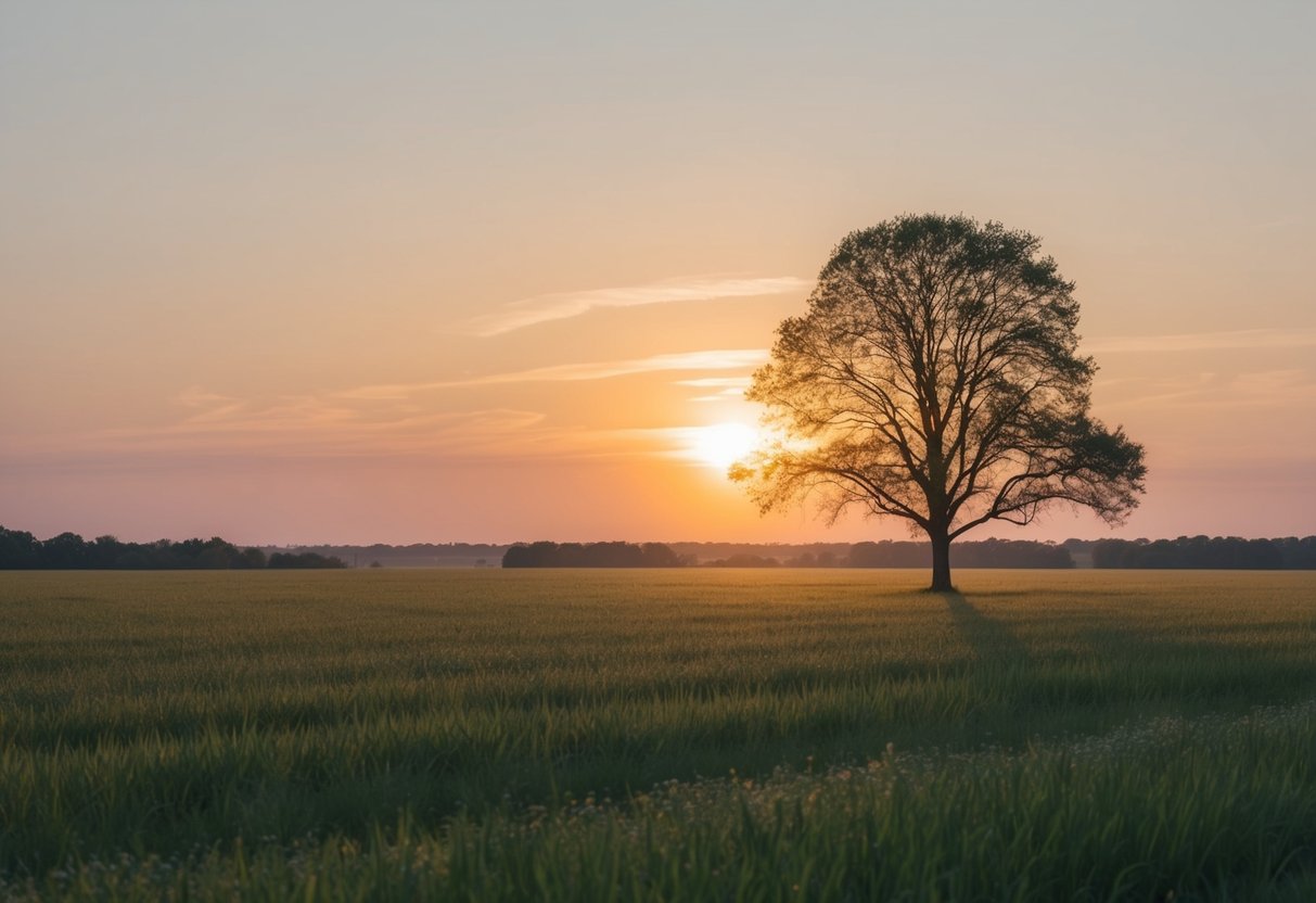 A sunrise over a calm, open field with a single tree standing tall, symbolizing new beginnings and moving forward