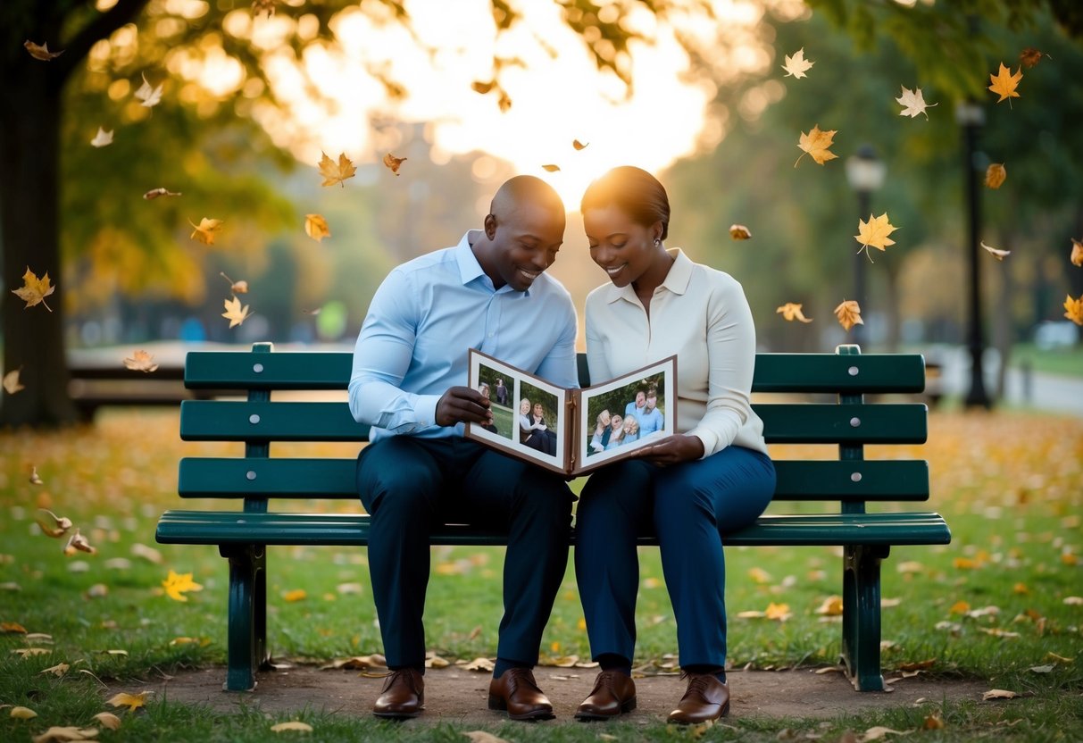 Two figures sitting on a park bench, surrounded by falling leaves and a soft sunset, looking at a photo album filled with cherished memories