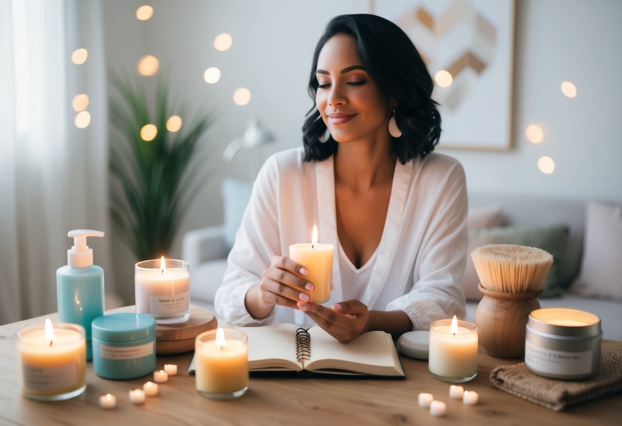 A woman surrounded by self-care items like candles, bath products, and a journal, with a serene and peaceful atmosphere