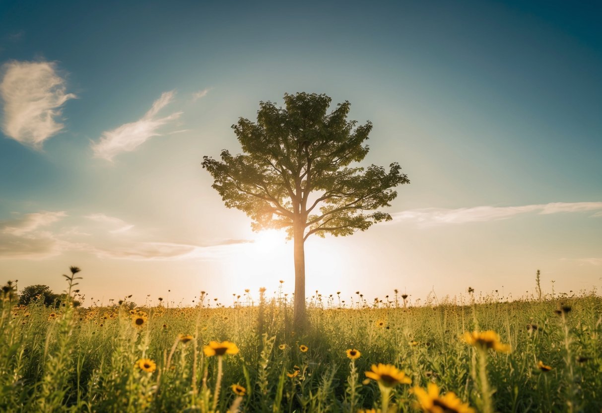 A solitary tree growing amidst a field of wildflowers, reaching upwards towards the sunlight, symbolizing personal growth and resilience