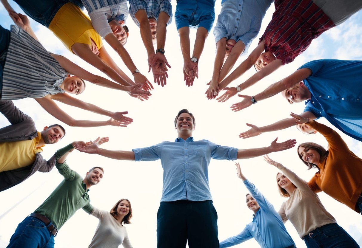 A person standing in the middle of a circle of friends, family, and supportive figures, with arms outstretched and smiling