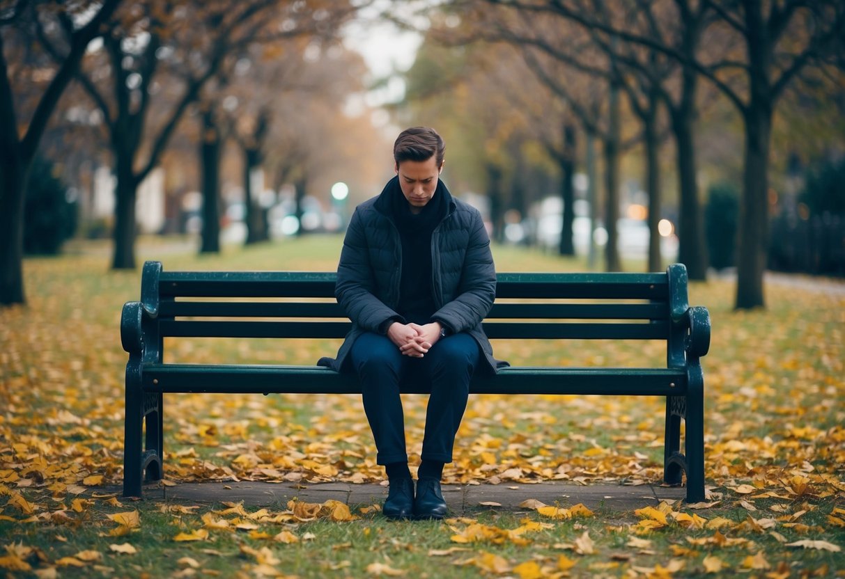 A person sitting alone on a bench, surrounded by fallen leaves and a sense of melancholy