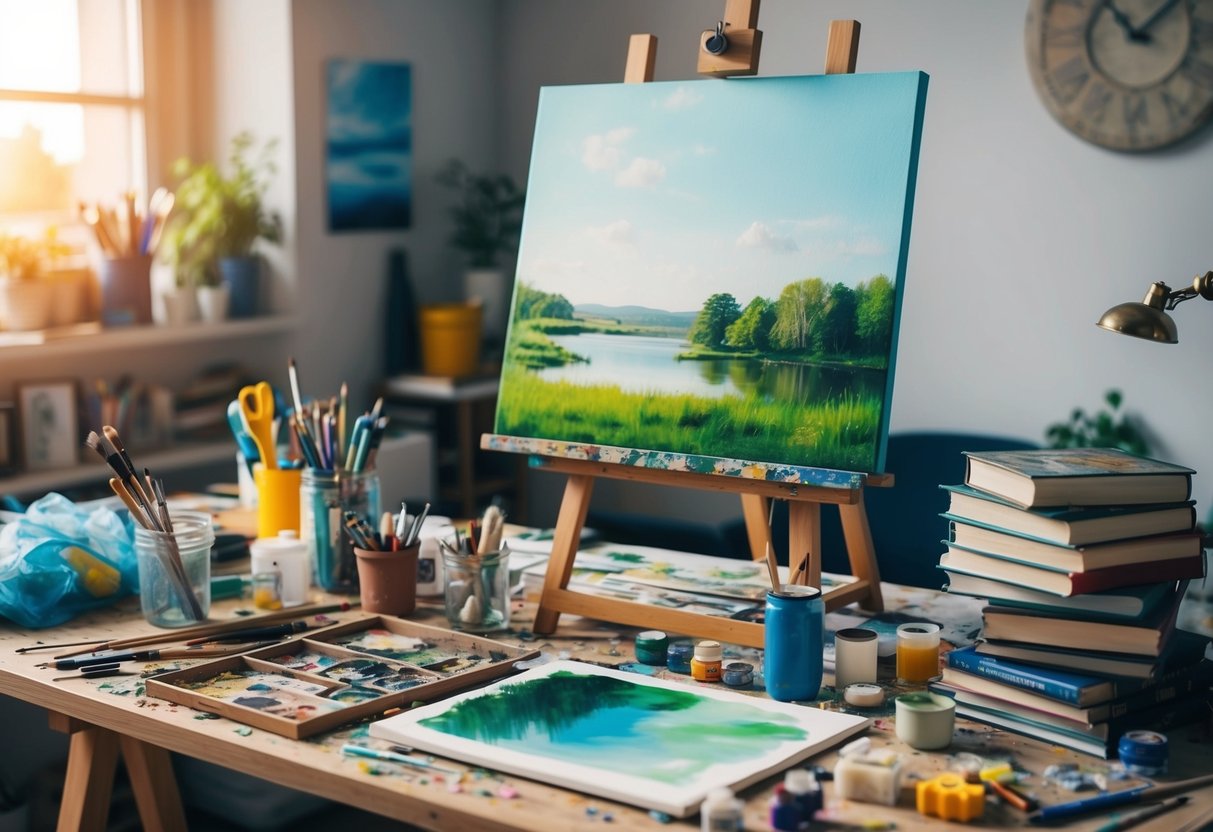 A cluttered desk with art supplies scattered around. A half-finished painting of a serene landscape sits on an easel. A stack of neglected books on hobbies rests nearby