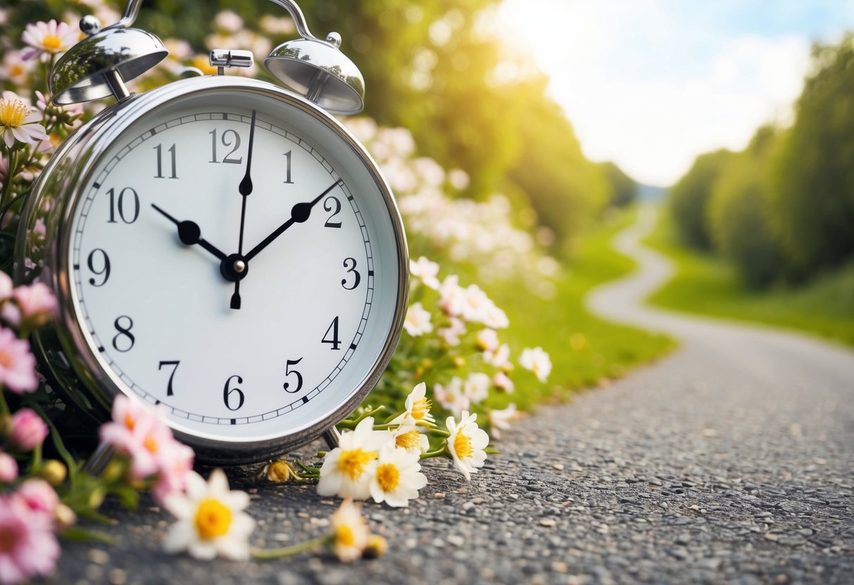 A clock with hands moving forward, surrounded by blooming flowers and a winding path leading into the distance