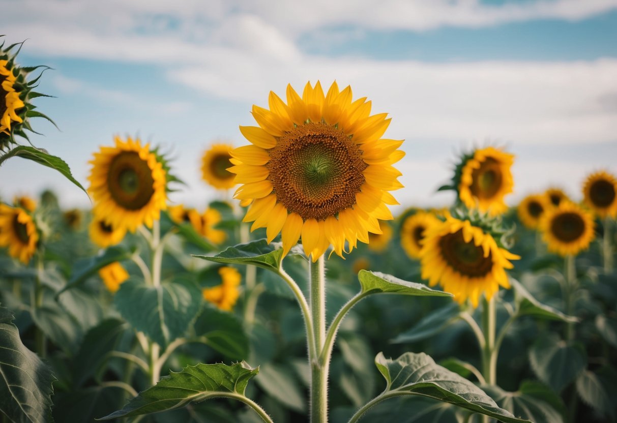 A sunflower standing tall amidst a field of drooping flowers