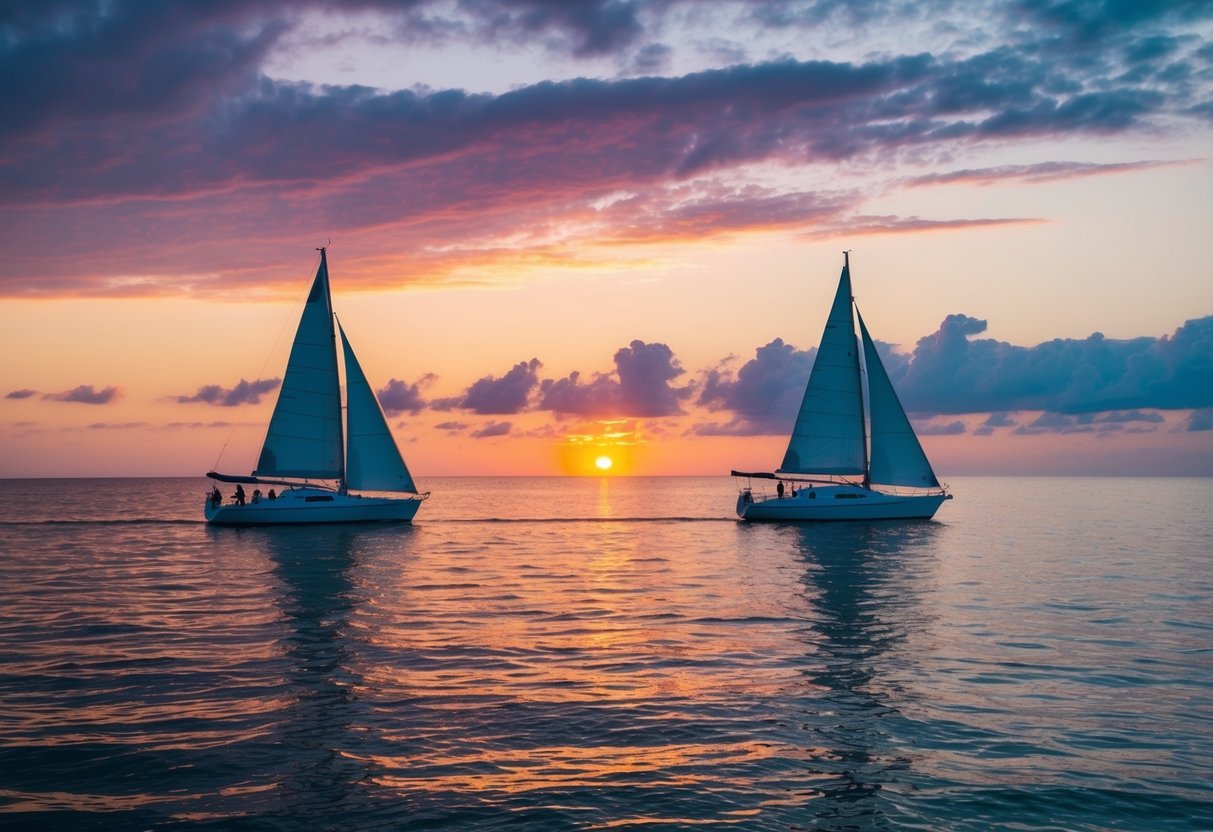 A vibrant sunset over a calm ocean, with two sailboats sailing in opposite directions, symbolizing the bittersweet feeling of moving on from a past love