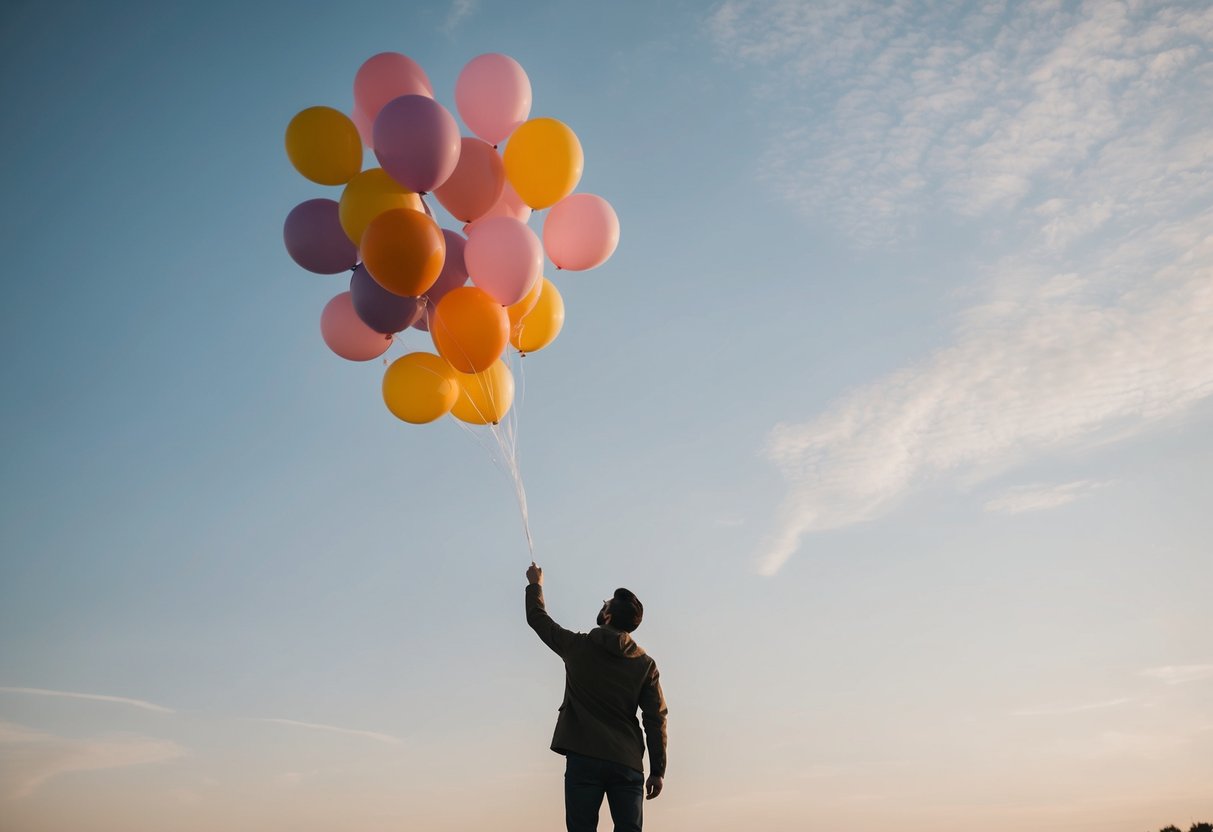 A lone figure releasing a cluster of balloons into the sky, symbolizing the liberation and freedom found in letting go