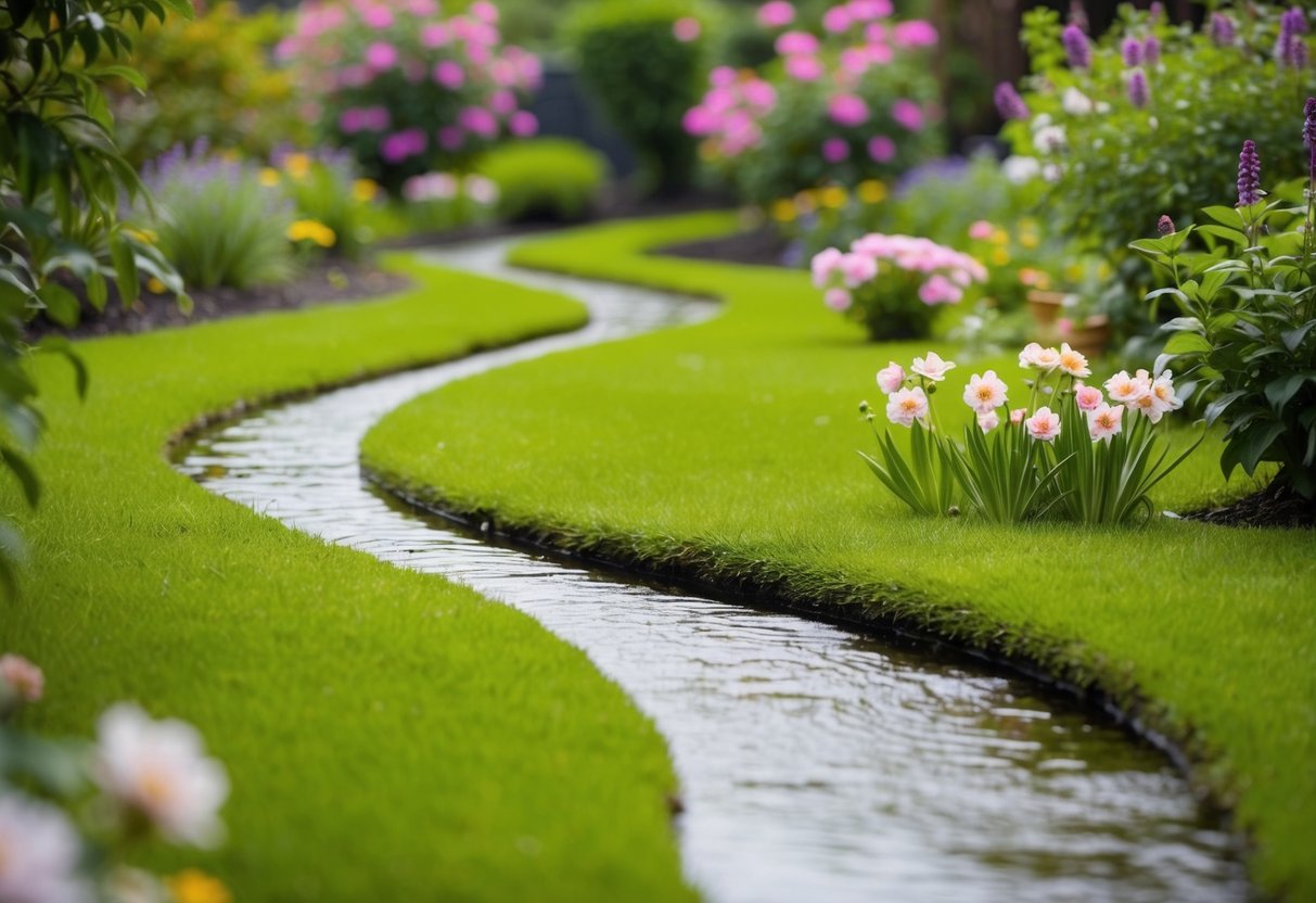 A winding path through a tranquil garden, with blooming flowers and a gentle stream flowing, symbolizing patience and moving on