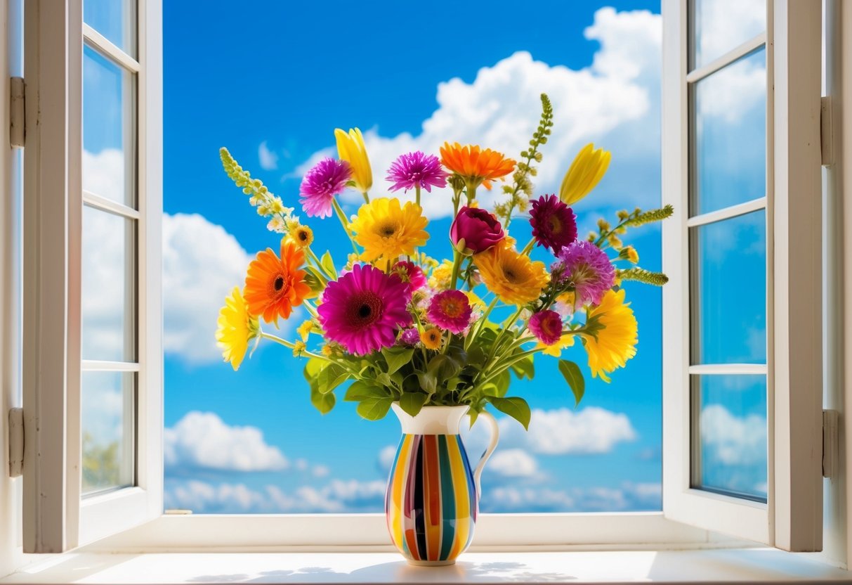 A colorful bouquet of flowers arranged in a vase on a sunny windowsill, with a bright blue sky and fluffy white clouds in the background