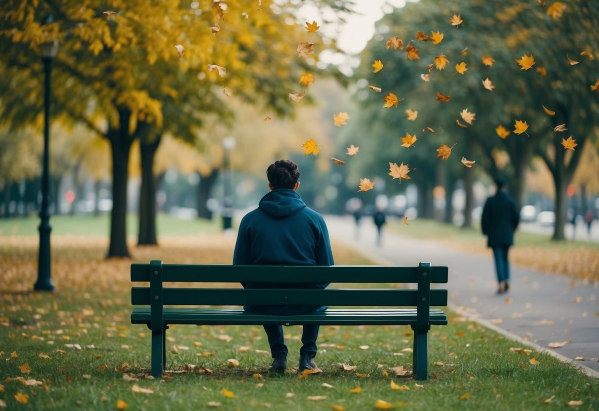 A person sitting alone on a park bench, surrounded by falling leaves and a distant figure walking away