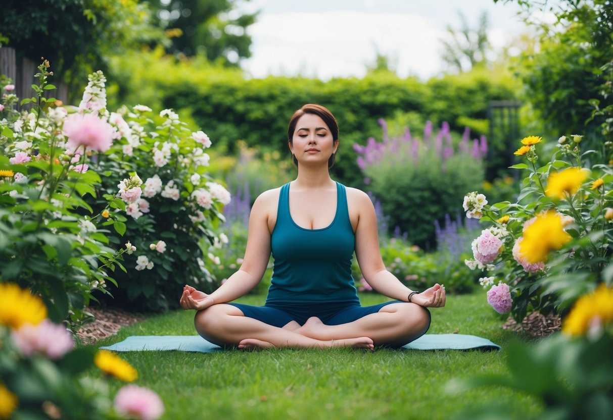 A person sitting in a peaceful garden, surrounded by blooming flowers and lush greenery, practicing mindfulness and deep breathing exercises to cope with the emotions of a breakup