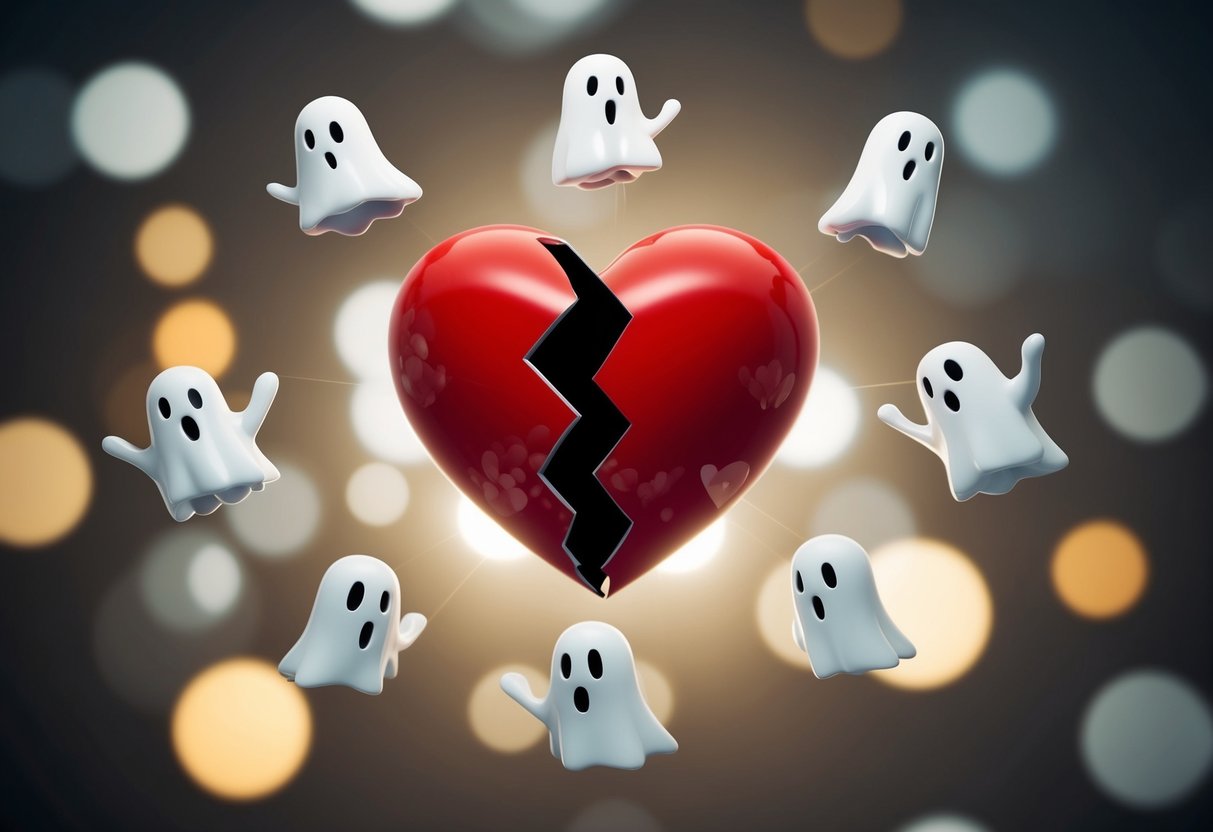 A series of ghostly figures floating around a broken heart, representing the dating patterns that keep individuals single