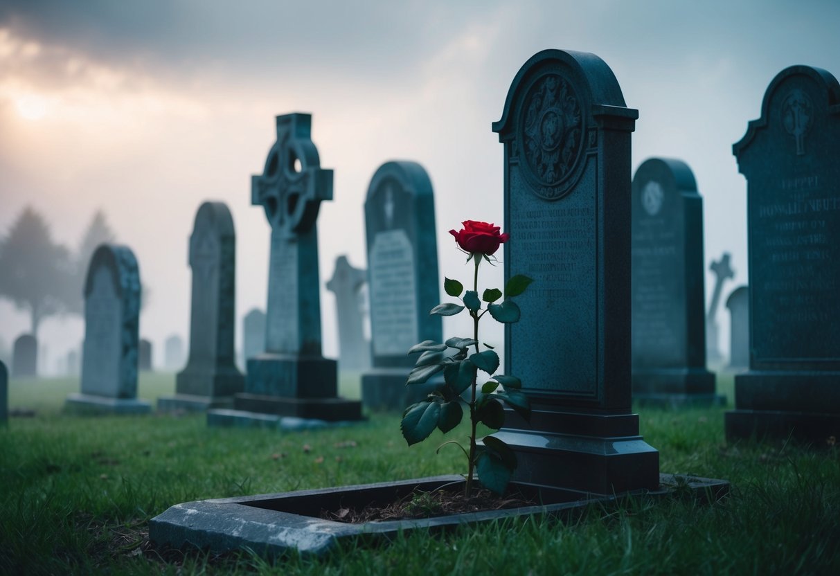 A graveyard with tombstones and eerie fog, with a single rose growing among the decay